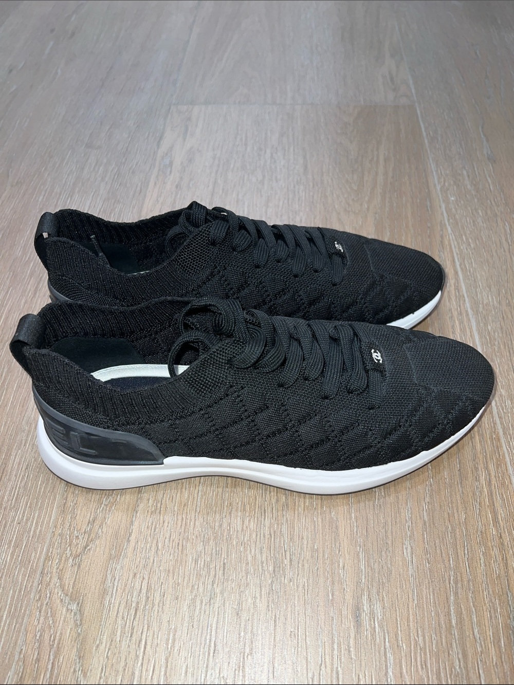 CHANEL Black Knit Lace-Up Men's Sneakers with White Sole